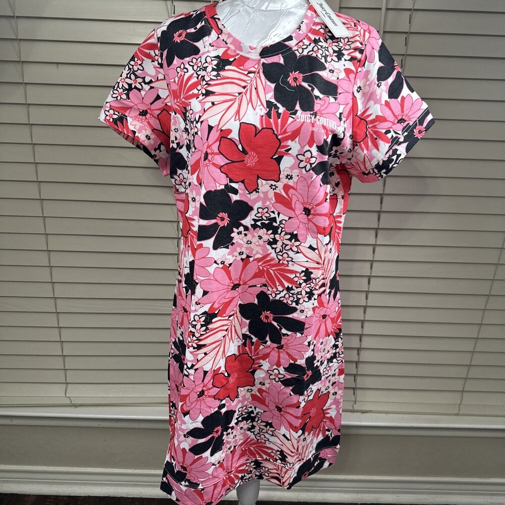 Juicy Couture XL Pink Black Floral‎ Shirt Dress 70s Flower Power Retro Colorful